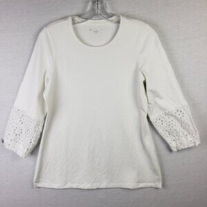 E.L.I. Clothing Eyelet Sleeve Top Peru Pima Cotton White size S Relaxed Fit